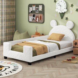 GREATPLANINC Twin Size Teddy Fleece Platform Bed Upholstered Daybed, Lovely Fairytale Bed Kids Bed with Carton Ears Shaped Headboard for Kid