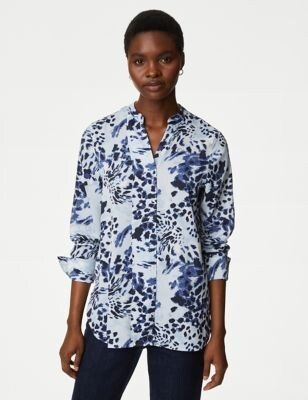 Satin Printed V-Neck Popover Blouse