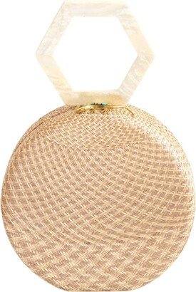 Likhâ Dusty Rose Round Straw Handbag With Mother-Of-Pearl Handle