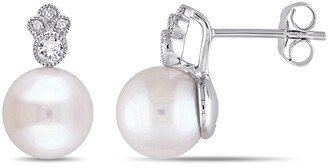 10K 0.16 Ct. Tw. Diamond & White Sapphire 8-8.5Mm Pearl Drop Earrings