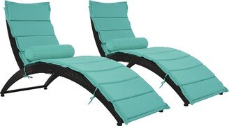 Manufacturer Black Wicker Sun Lounger, PE Rattan Foldable Chaise Lounger with Removable Turquoise Cushion and Bolster Pillow