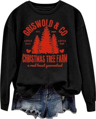Generic Women Sweatshirt Long Sleeve Christmas Print Round Neck Pullover Sweatshirt Oversized Casual Loose Fall Sweatshirt Black