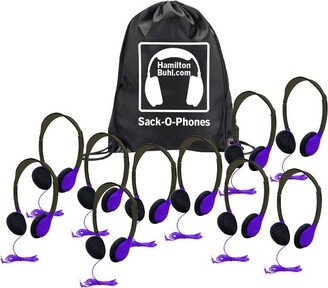 HamiltonBuhl® Sack-O-Phones, 10 Personal Headphones in a Carry Bag, Purple