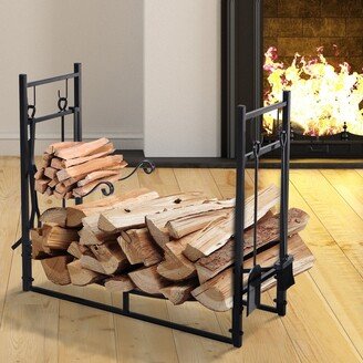 Wrought Iron Metal Heavy-Duty Firewood Rack Indoor & Outdoor with Fireplace Tool Set