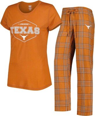 Women's Concepts Sport Texas Orange, White Texas Longhorns Badge T-shirt and Flannel Pants Sleep Set - Orange, White