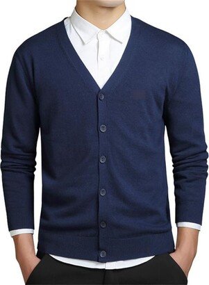 Wjnvfioo Autumn Winter Men Casual V-Neck Cardigan Sweaters Solid Cotton Long Sleeve Business Jerseys Navyblue