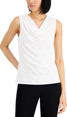 Petites Womens Eyelet Drape Neck Shell