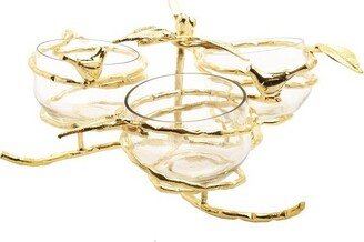 Gold Leaf 3 bowl Relish Dish with Glass Inserts