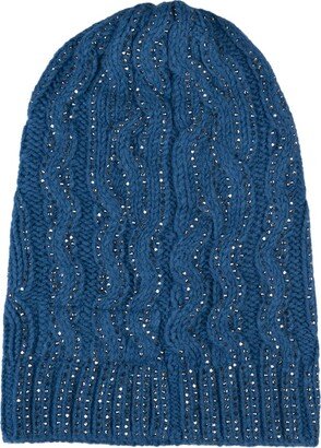 Blue Braided Knitted Beanie With Crystals