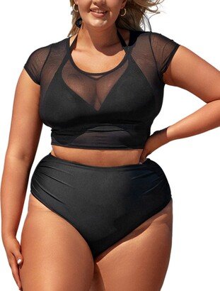 Plus Size Night Blossom Mesh Top Triangle & High Waist Bikini Set