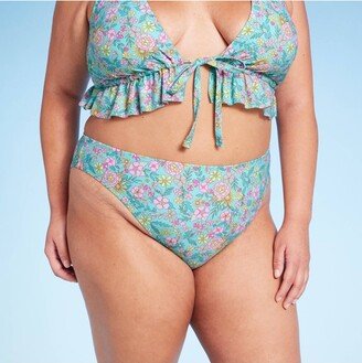 Women's Mid-Rise Cheeky High Leg Bikini Bottom Green Floral Print