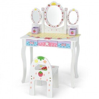 Kids Vanity Princess Makeup Dressing Table Chair Set with Tri-fold Mirror - 27.5