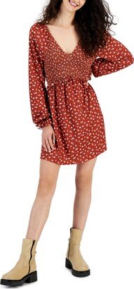 Juniors' Long-Sleeved Smocked Mini Dress