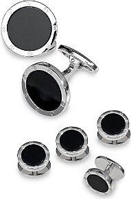 Round Rivet Etched Sterling Silver & Onyx Stud & Cufflink Set