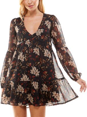 Juniors' Printed Long-Sleeve Fit & Flare Dress-AA