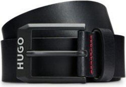 Leather belt with matte-black logo-trim buckle