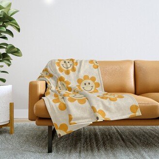 70s Retro Smiley Floral Face Pattern in yellow and beige Throw Blanket