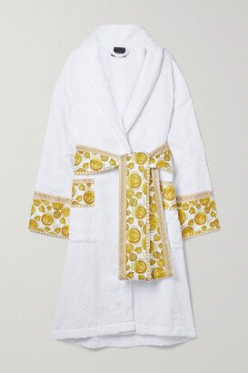 Printed Poplin-trimmed Cotton-terry Jacquard Robe - White