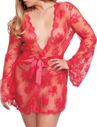 Plus Size Scalloped Sheer Lace Lingerie Wrap Robe