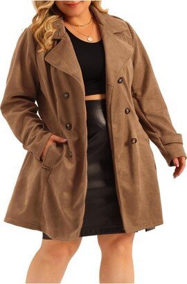 Agnes Orinda Women's Plus Size Faux Suede Notched Lapel Double Breasted Belt Trench Coat Jacket Brown 1X