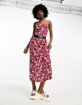 bold floral cami maxi dress in berry red