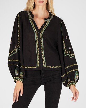 Secret Mission Felicia Balloon-Sleeve Embroidered Blouse