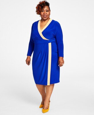 Plus Size Surplice V-Neck Long-Sleeve Dress - Royal Blue / Gold
