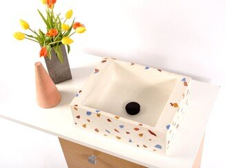 White Terrazzo Sink, Rectangular Washbasin, Bathroom Decor Custom Made Sink