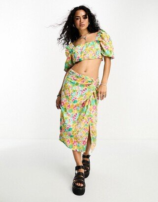 knot front sarong midi skirt in multi floral - part of a set