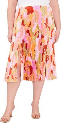 Abstract Print Double Slit Pleated Midi Skirt