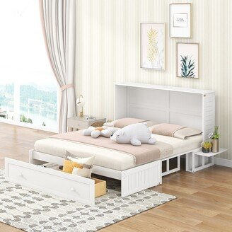 Queen Size Mobile Platform Murphy Bed with Drawer and Little Shelves on Each Side, Wood Cube Cabinet Bed for Guest Room