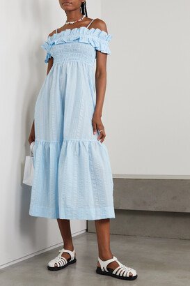 Ruffle-trimmed Smocked Seersucker Maxi Dress - Blue