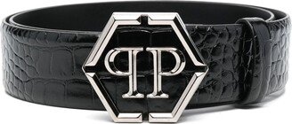 Hexagon Logo-Buckle Leather Belt