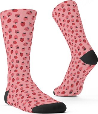 Socks: Red Strawberries - Pink Custom Socks, Pink