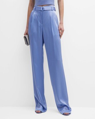 High-Rise Pleated Belted Wide-Leg Satin Pants