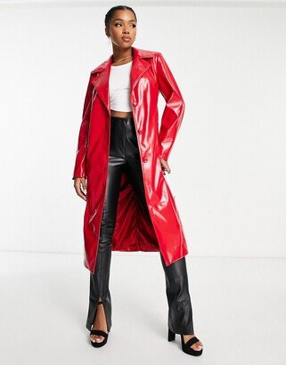 vinyl faux leather trench coat in bright red