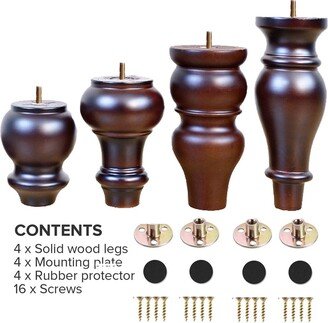 4Pcs 2.3 ~ 7 Brown Red Wooden Furniture Legs, Retro Legs For Table Replacement Feet with Pre-Drilled M8 Bolt Mounting Plate Screws