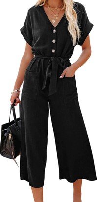 Acelitt Womens Casual V Neck Short Sleeve Button Down High Waisted Belted Black Wide Leg Jumpsuits Rompers with Pockets Large