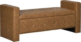 HOMCOM Rectangular Storage Ottoman Bench, Button Tufted Faux Leather Upholstered Footstool with Soft Closing Hinged Lid, Armrests for Bedroom, Brown