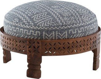 24 Gennady Round Boho Solid Mango Wood and Aztec Upholstered Ottoman Gray/Brown - Powell