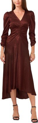 Women's V-Neck Ruched 3/4-Sleeve High-Low Midi Dress