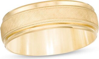 Men's 7.0mm Multi-Finish Center Stripe Beveled Edge Comfort-Fit Wedding Band in 10K Gold - Size 10