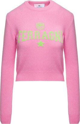 Pink Long-sleeved Sweater With Contrasting Maxi Logo In Wool Blend Woman