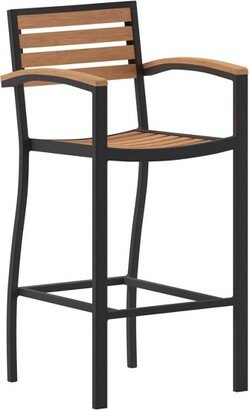 Commercial Grade Outdoor Bar Stool with Armrests and Poly Resin Slats - Teak