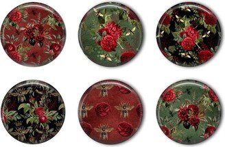 Red Roses & Bees Round Refrigerator Magnet Set