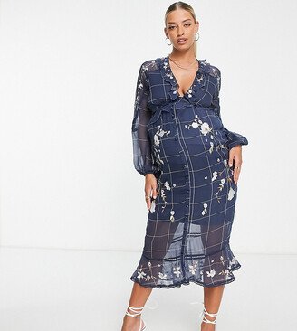 ASOS DESIGN Maternity midi dress in check print with pop floral embroidery and lace inserts