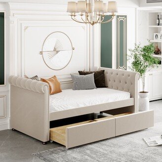 Sunmory Twin Size Upholstered Daybed with Two Storage Drawers and Buttoned Tufted Upholstered Backrests