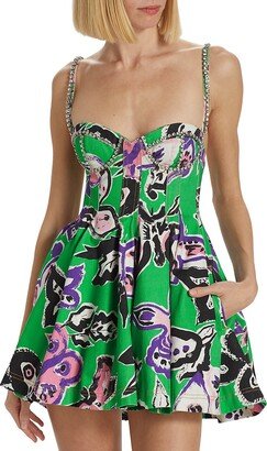 Printed Crystal-Embellished Minidress