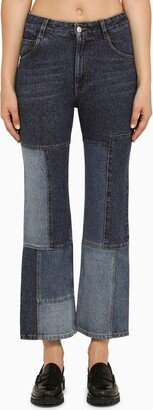 Blue patchwork-effect cropped jeans