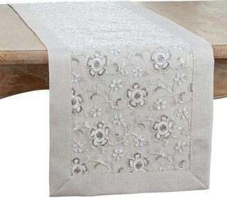 Saro Lifestyle Table Runner With Floral Embroidered Design, Silver,